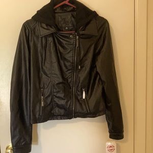 Size medium “vegan leather” biker jacket with removable hood.